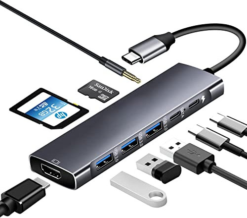 USB C Hub 9 en 1 tipo C Hub con HDMI 4K, 3 USB 3.0, puerto de datos USB C, 100 W PD, lector de tarjetas Micro SD/SD y audio de 3.5 mm para MacBook Pro, XPS y dispositivo tipo C/ordenador portátil