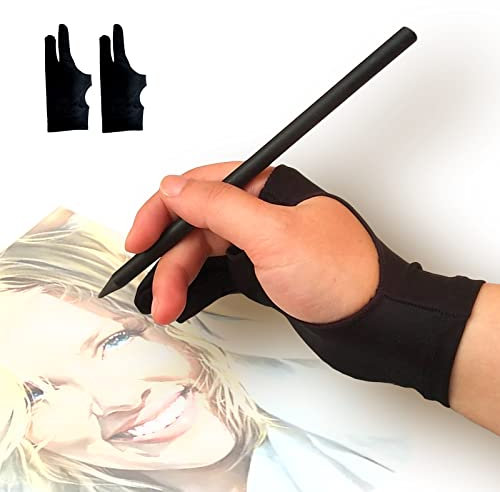picoggo Zeichenhandschuh, 3-lagig, Handflächenablehnung, digitaler Kunsthandschuh für Grafiktablett, Künstlerhandschuhe mit zwei Fingern für iPad, Papierskizzieren, Wischschutz (2 Stück, Lager)