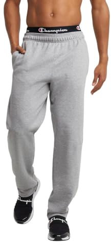Champion Powerblend - Pantaloni della Tuta da Uomo in Pile, con Fondo Aperto, per Uomo (Reg. o Grande e Alto), Logo Oxford Grigio C Patch, L Tall