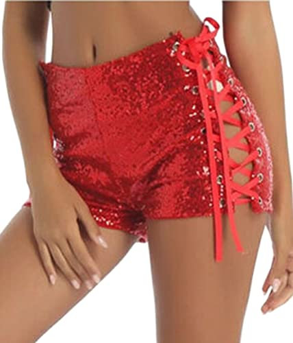 ORANDESIGNE Damen Pailletten Shorts Sexy Karneval Kurze Hose Glitzer Schimme Shorts Hohe Taille Pailletten Party Metallic Hotpants Shiny Slim Fit Glitzer Hot Shorts Clubwear A Rot M
