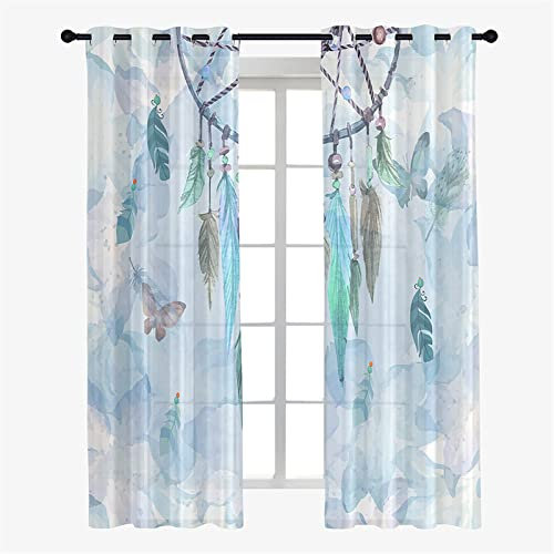 Hiseng Schiebegardinen Voile Vorhang Gardinen 2er Set, Traumfänger Sheer Schiebevorhänge Lichtdurchlässig Flächenvorhänge für Wohnzimmer Fensterschal Schlafzimmer (140x160cm,Blauer Schmetterling)