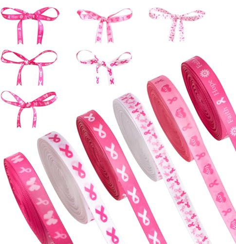 CRAFFANCY Lot de 6 rouleaux de ruban imprimé rose de 9,1 m de long pour la promotion du cancer du sein pour emballage cadeau, décorations de fête, événements de fête