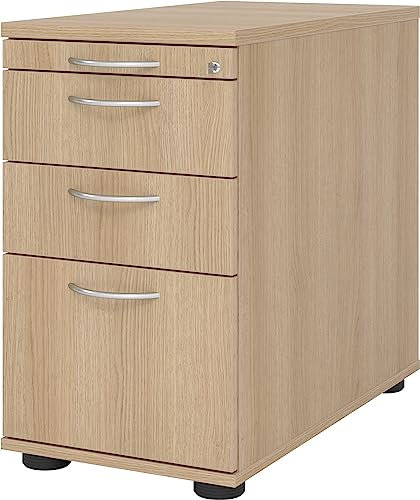 bümö Schreibtisch Schrank Büro mit Hängeregister für Hängeordner, Schubladenschrank Holz in Eiche, Container mit Schubladen & Hängeregistratur - Schreibtisch Kommode mit Bogengriffe
