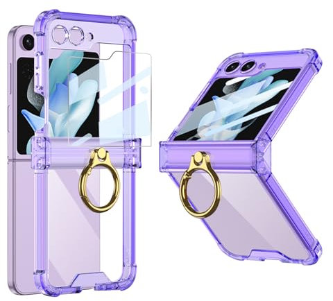 FODDOM for Samsung Galaxy Z Flip 5 Case Clear Hinge Protection with Ring [Never Yellow ], Built-in Screen Protector, Slim Thin Fit Transparent Soft All-Inclusive Shockproof Phone Case Cover (Purple)