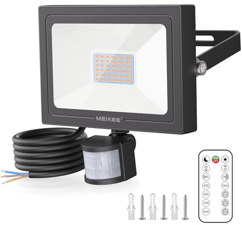 MEIKEE Faretto con Sensore di Movimento, 35W 3000LM Faro LED Esterno con Telecomando, 2700K Bianca Calda, Proiettore Luce di Sicurezza Impermeabile IP66 per Giardino Corridoio Garage Patio