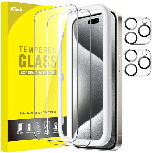 JETech Protector de Pantalla para iPhone 15 Pro 6,1 Pulgadas y Protector Lente Cámara, Marco de Instalación Fácil, Cristal Vidrio Templado, HD Transparente, 2 Paquetes Cada Uno