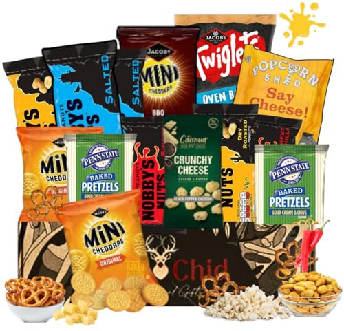 Ant&Chid British Classics Pub Snacks Card Hamper for Men and Women - Home Pub Bar Snacks with Bacon Fries|Scampi Fries|Nobby’s Nuts|Twiglets|Gourmet Popcorn|Mini Cheddars|Pretzels - For All Occassions