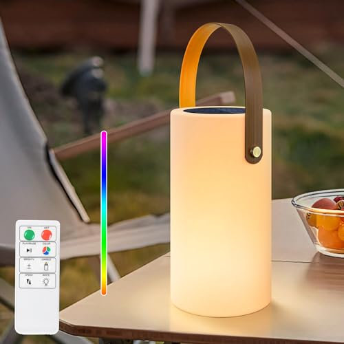 GGOO Solar Tischlampe Outdoor Tischleuchte mit Fernbedienung, Dimmbar Warmweiß und RGB LED Tischlampe Kabellos,Tragbare Aufladbar Solarlampen für Garten Dekorationen Terrasse Camping