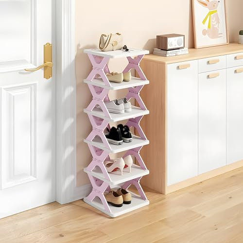HUYFGDYSA Schuhregal aus Kunststoff, 6 Etagen, zusammenklappbares Schuhregal für Kinderzimmer, faltbarer vertikaler Schuh-Organizer für Eingangstür, kompaktes Schuhregal für enge Räume (Violett-X)