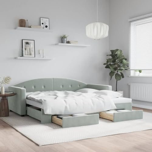 DJEKA Tagesbett Ausziehbar 90x200 cm mit Schubladen Jugendbett 90x200 cm Bett Mit Ausziehbett Hellgrau-24 Tagesbett 90x200 Ausziehbar Tagesbett aus Holz Tagesbettgestell Sofabett Schlafsofa Samt