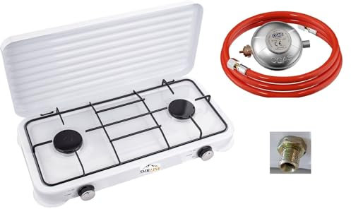SMH LINE® Réchaud à gaz de camping - 2 feux - Avec tuyau et régulateur - 4,4 kW - Plaque de cuisson - Bouteille de gaz - Réchaud d'extérieur - Réchaud de table XL, SM-105