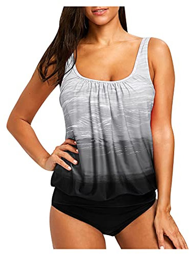 BLIBUNALA Frauen-Rücken-Riemchen-Druck-Set Zwei Größen Plus Badeanzüge-Badeanzug-Badebekleidungs-Tankinis-Sets Stoppuhr Herren (Grey, S)