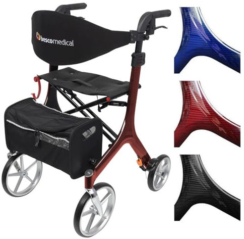 Besco Medical Carbon Rollator ultraleicht 5,9 kg – faltbar, höhenverstellbar, mit Sitz - Premium Gehhilfe mit Rückengurt, Netztasche, Stockhalter - Modell L Bordeauxrot