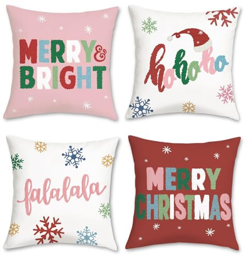 Bonhause Federe per Cuscini Natale 45 x 45 cm Copricuscini Decorativi Fiocchi di Neve Rosa Rosso Federa per Cuscino Divano Letto Casa Vacanze Inverno Decorazione Set di 4