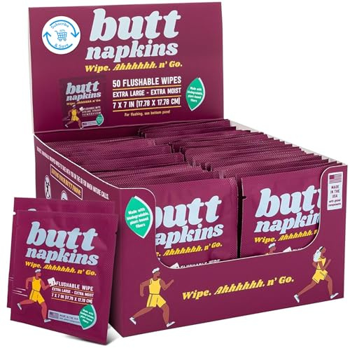 Butt Napkins - Water-Based Flushable Wipes, Individually Wrapped (Running, 50 Count (Pack of 1))