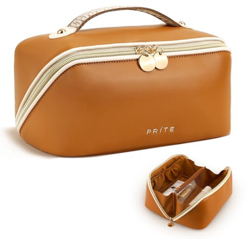Prite Large Capacity Makeup Bag Portable Travel Cosmetic Bag Waterproof Toiletry Case with Clear Divider and Handle (Brown)