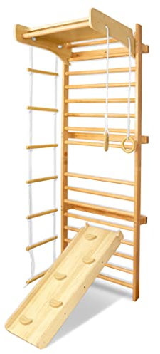 YRHome Espalier en bois 6 en 1 avec barre de traction, anneaux et échelle de corde, mur de gymnastique pour la maison et le studio de sport, appareil de sport d'intérieur