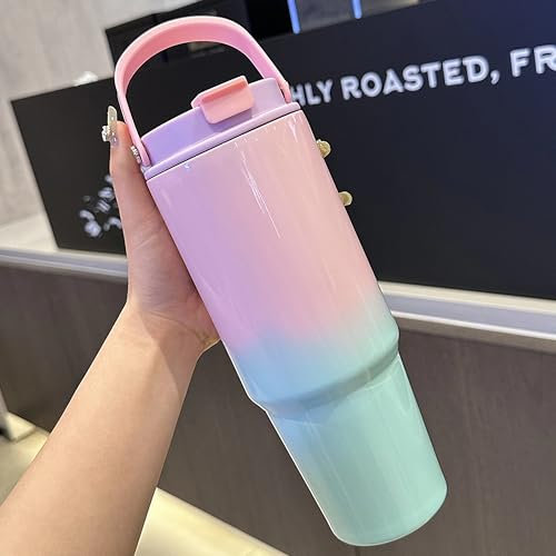 IOLOYU Thermobecher mit strohhalm und deckel trinkbecher 890ml kaffeebecher to go thermo becher mit henkel travel mug auslaufsicher tumbler edelstahl isolierbecher groß coffee cup (Rosa + Hellblau)