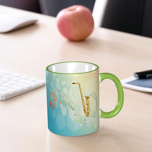 YOIUE Tasse aus Keramik - Große 11oz Tassen 330ml Kaffeetassen mit Henkel, 100% Handbemalt - Trinkgläser mit Griff - Weiß,Saxophon und die musikalischen Symbole