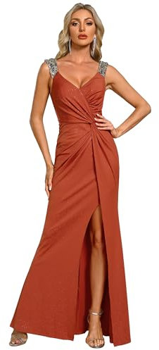 Ever-Pretty Robe de Soirée Femme Longue Moulante Fendu Col V Plis Bandoulière à Sequins Haute Élasticité Orange Caramel 50