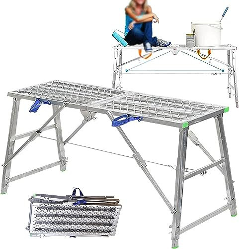 Multipurpose Folding Scaffolding Work Platform Tower Ladder Stool Bench Adjustable Height 880 lbs Load Capacity Galvanized Steel Frame