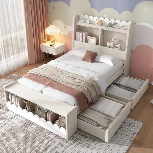 Merax Kinderbett 90x200cm, Holzbett Einzelbett mit Schubladen, Bücherregal und Sitzbank, Kopfteil mit Stauraum, innovativ Stauraumbetten Bettgestell mit Lattenrost, Jugendbett, Ohne Matratze, Weiß