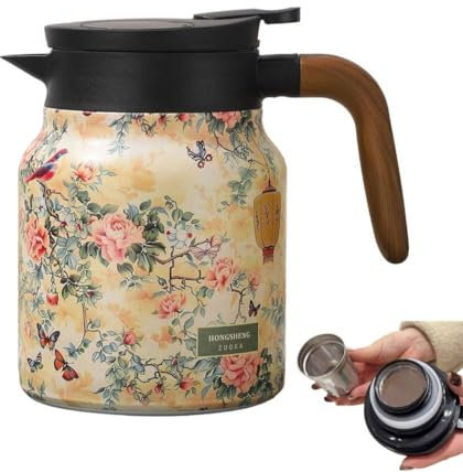 Thermos à thé à motif floral vintage – Infuseur intégré, carafe thermique en acier inoxydable avec couvercle pour boissons chaudes, théière à motif floral vintage, 1000 ml, tasse à thé thermos