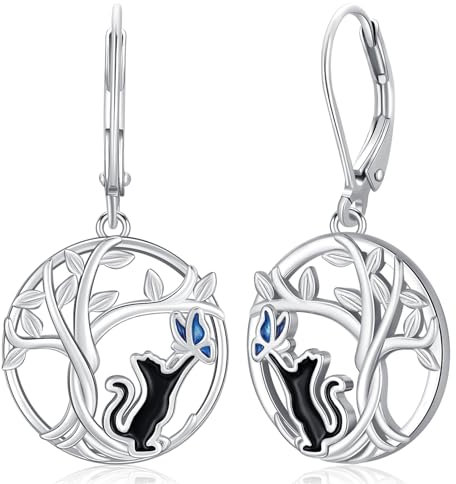 Katzen Ohrringe 925 Sterling Silber Hängend Lebensbaum Ohrringe für Damen Tier Kleine Creolen Mädchen Katze Schmuck für Frauen Kinder