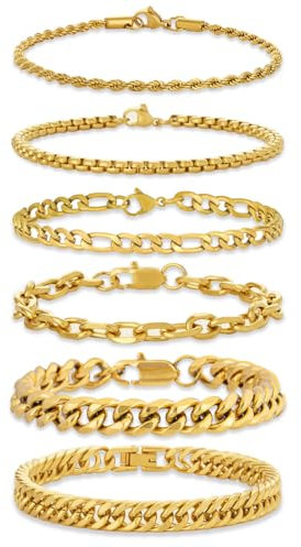 GUJOXILA 6 Stück Herren Armband Edelstahl Armbänder Gold Herrenarmbänder für Männer Jungs Kubanische Armband 19cm/21cm/23cm Kette Länge für Hip Hop Rapper Geschenke für Ehemann Papa Sohn