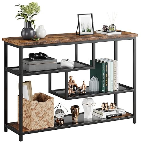 Table console étroite avec 4 niveaux, table basse, étagère, table de couloir, table d'exposition avec étagères en verre et cadre en métal, table de rangement pour entrée, couloir, foyer, salon 100 x