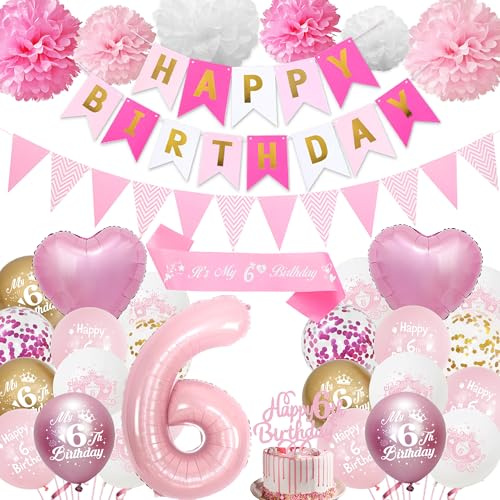 6. Geburtstag Dekorationen für Mädchen Rosa - Happy 6th Birthday Party Nummer 6 Ballon Latex Ballons Banner Wimpel, Cake Topper Schärpe Seidenpapier Pom Poms für 6 Jahre alte Dekoration Supplies