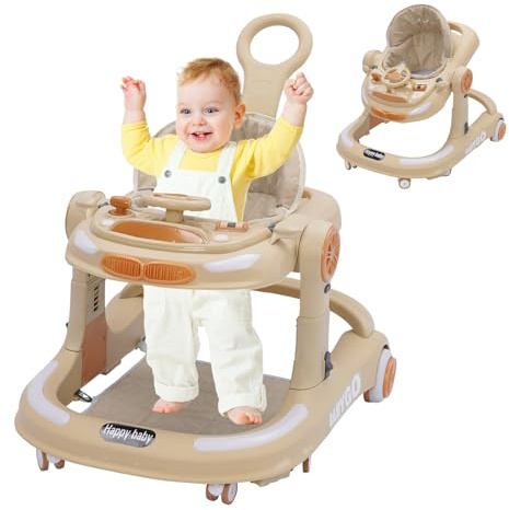 4 in 1 Lauflernhilfe, Baby Walker Höhenverstellbar, Gehhilfe mit Esstablett, Spielcenter, Bodenmatte und Bremse, Anti-Collision Design, Faltbarer Lauflernwagen Baby ab 6 9 18 Monate
