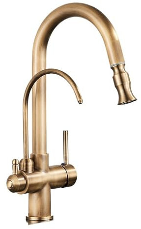Rubinetto da cucina con acqua filtrata 2 in 1, beccuccio estraibile in ottone antico