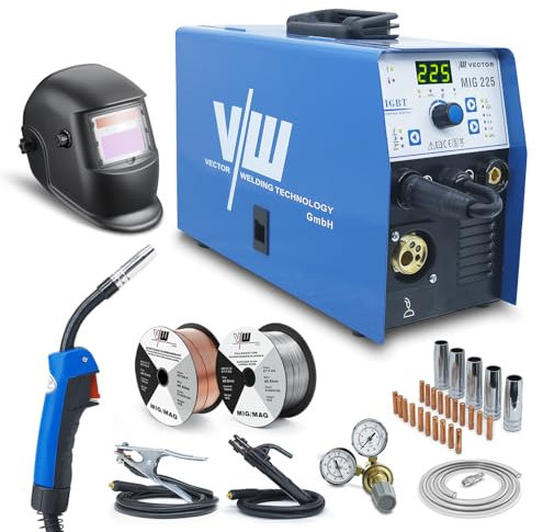 VECTOR WELDING MIG MAG Saldatrice 225 A, filo di riempimento, saldatrice a gas di protezione Inverter con 225 ampere e funzione di saldatura elettrodi, alimentazione per auto, 2&4 tempi