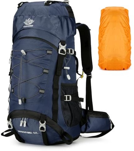 BAGROUPS 60L Wanderrucksack Herren Damen Wasserdichter Outdoor Reiserucksack Ultra Leicht Trekkingrucksack Große Rucksäcke für Camping, Reisen, Skifahren, Urlaub，Sport Blau