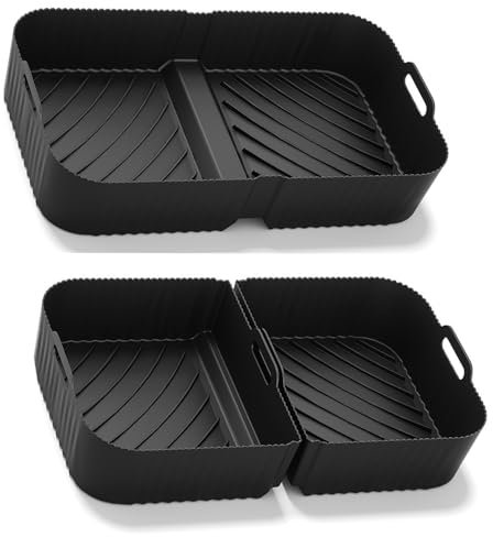 Air Fryer Liners Silicone for Ninja Foodi Flex Drawer AF500UK 10.4L, 2pcs af500uk 5.2L Airfryer Accessories Kit Reusable for Kitchen Microwave, Non-Stick Black