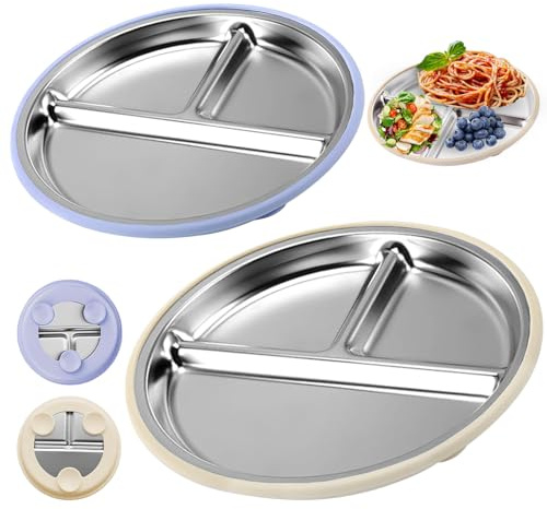 Teller Rutschfest Edelstahl Kinder, 2 Edelstahl Baby Saugnapf Teller, Geteilter Kleinkind Tell-er für Babys, Rutschfestes Babytell-er mit Drei Fächern, Stainless Toddler Plate, BPA-Frei,Ruts-chfest(B)