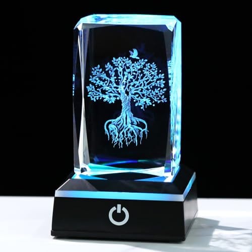Movdyka Kristall 3D Baum des Lebens Geschenke für Frauen Männer Glas Familienbäume graviert mit LED-Lichtern Basis Geschenke für Ihre Tochter Geburtstag Sammlerstück Briefbeschwerer Home Ornamente