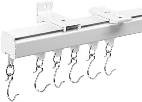 Aluminum 6 ft–9 ft Ceiling Curtain Track Set with 3 Types of Hooks, Adjustable Ceiling/Wall Mount Room Divider Curtain Rail System for Living Room, Bedroom, White