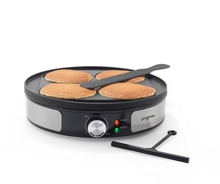 Progress Crêpière réversible, plaque antiadhésive 30 cm, 1000 W | Insert pour pancakes écossais, température réglable, voyants prêt et marche, répartiteur et spatule inclus