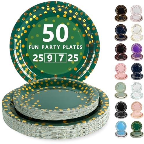 Nkaiso 50 Pcs Dark Green and Gold Disposable Party Paper Plates Set | Party Supplies- 25x9inch & 25x26inch Plate Elegant Disposable Tableware for Birthday, Wedding, Shower