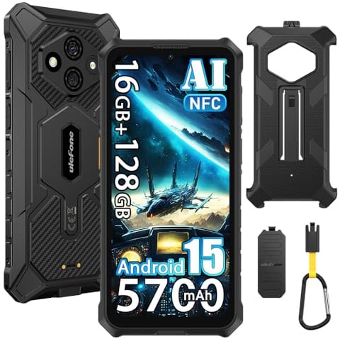 Ulefone RugKing 3 Pro Android 15 Movil irrompible 4G,16GB+128GB/TF 2TB, 6,56”HD+120Hz, 5700mAh, Cámara 48MP+8MP, 120LM Super Torch, 3-Slots, Smartphone Todoterreno IP68/OTG/NFC/GPS/Con Funda, Negro