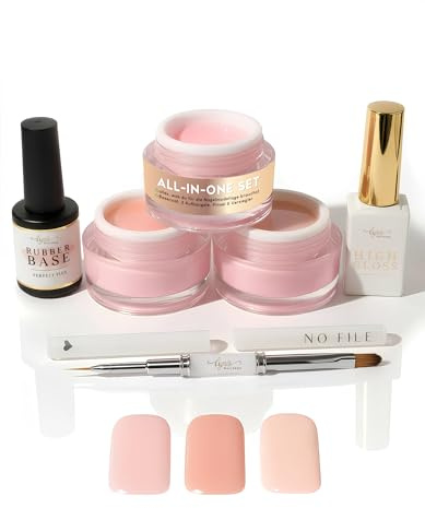 No File Aufbaugel Set für Gelnägel ALMOND, BLOSSOM & BEIGE15ml für Profis & Anfänger als UV Gel SELBSTGLÄTTEND OHNE FEILEN, inkl. No File Pinsel, Rubber Base & High Gloss, Lynis-Nailshop.de