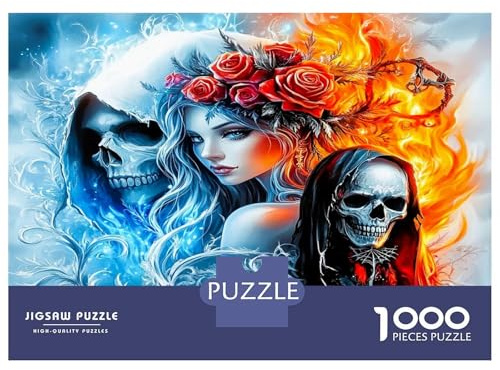 Feuer EIS Schädel Dame Rose 1000 Stück Puzzle Für Erwachsene Premium Puzzle Recycelte Pappe – Bildungsherausforderung, Zuhausespiel, Tolles Geschenk Für Kinder Anfänger 52x38cm/1000pcs