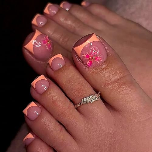 Viugex 24Pcs Orange French Press on Toe Nails, Square Pink Acrylic Fake Toe Nails, 3D Flowers Artificial False Toenails with Gold Beads, Reusable Full Cover Stick on Toenails for Women Daily Wear