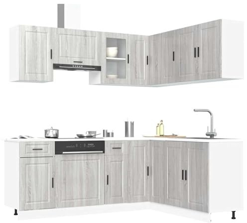Fecpoo Juego de 11 piezas Porto Gris Sonoma de madera y cristal, hasta 81,5 cm de alto, para muebles de cocina completos