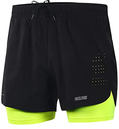 ARSUXEO Laufhose Herren Am Laufen Kurze Hose Gym Shorts mit Kompressionshose 2 in 1 Laufshorts für Fußball, Basketball oder das tägliche Leben B179 grün S