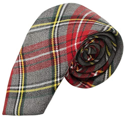 King & Priory Corbata Tradicional Color Rojo Tartán y Gris Claro