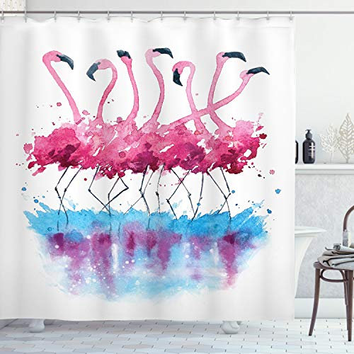 ABAKUHAUS Flamingo Duschvorhang, Flamingo and Bird, Stoffliches Gewebe Badezimmerdekorationsset mit Haken, 175 x 180 cm, Blau Lila Rosa