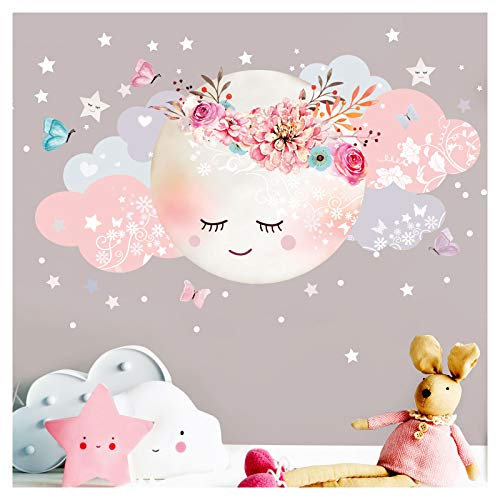 Little Deco Wandsticker Mond & Wolken I Weiß/Rosa M - 40 x 20 cm (BxH) I Kinderzimmer Wandtattoo Mädchen Baby Deko Zimmer DL246-1-M